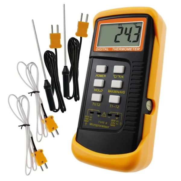 Professional Digital 2 Channel K-Type Thermometer w/ 4 Thermocouples (Wired & Stainless Steel)