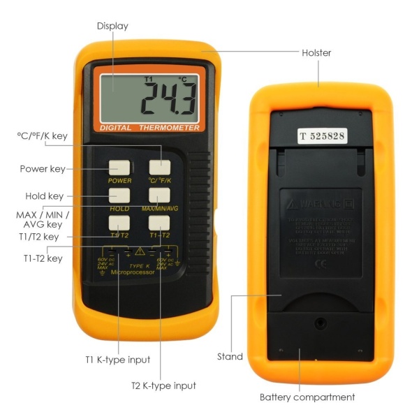 Professional Digital 2 Channel K-Type Thermometer w/ 4 Thermocouples (Wired & Stainless Steel) - Image 12