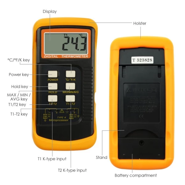 Professional Digital 2 Channel K-Type Thermometer w/ 4 Thermocouples (Wired & Stainless Steel) - Image 12