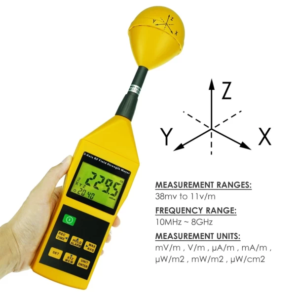 Compact Tri-Axis RF Field Strength Meter & Electromagnetic Radiation Tester 10Mhz to 8Ghz w/ Alarm and Tripod Mounting - Image 10