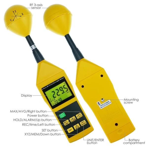 Compact Tri-Axis RF Field Strength Meter & Electromagnetic Radiation Tester 10Mhz to 8Ghz w/ Alarm and Tripod Mounting - Image 8