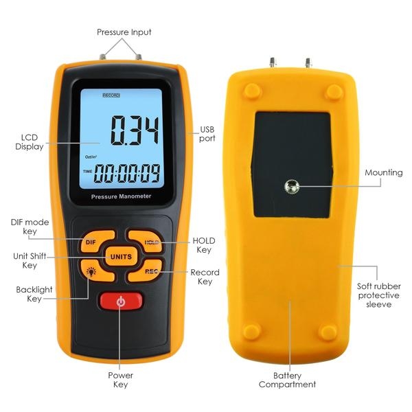 Digital Manometer Dual Port Input Air Pressure Meter HVAC Gas Pressure  Tester