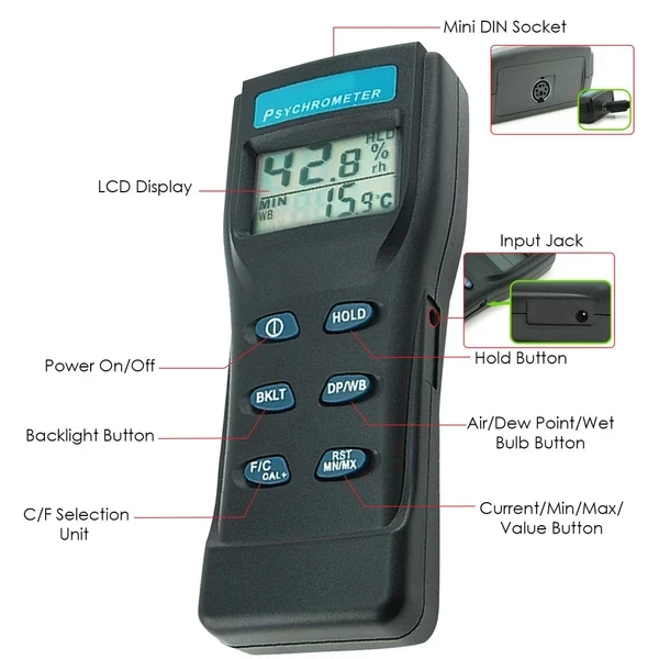 Digital Air Thermo Hygrometer / Psychrometer / Humidity Wet Bulb w/ Probe - Image 3
