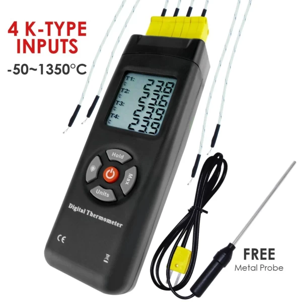 Professional Digital Thermometer 4 Channel K-Type Thermocouples with K-Type Metal & Bead Probe - Image 2