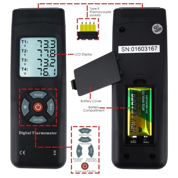 Professional Digital Thermometer 4 Channel K-Type Thermocouples with K-Type Metal & Bead Probe - Image 7
