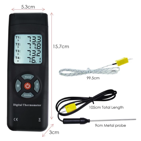 Professional Digital Thermometer 4 Channel K-Type Thermocouples with K-Type Metal & Bead Probe - Image 8
