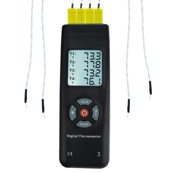 Professional Digital Thermometer 4 Channel K-Type Thermocouples with K-Type Metal & Bead Probe