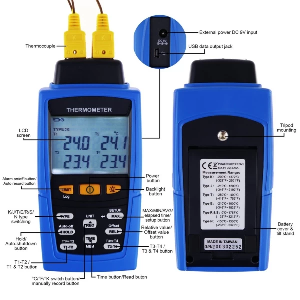Industrial Digital 4-Channel K /J/ T / E/ R / S/ N Type Thermocouple Thermometer & Datalogger - Image 3