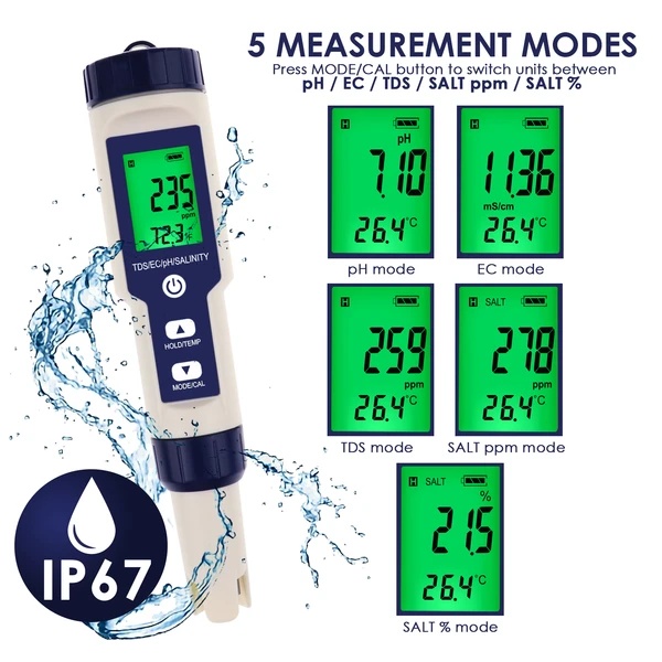 Waterproof Digital Pen Type Multi Paramater 5 in 1 Water Quality Tester (pH / TDS / EC / Temp / Salinity) - Image 16