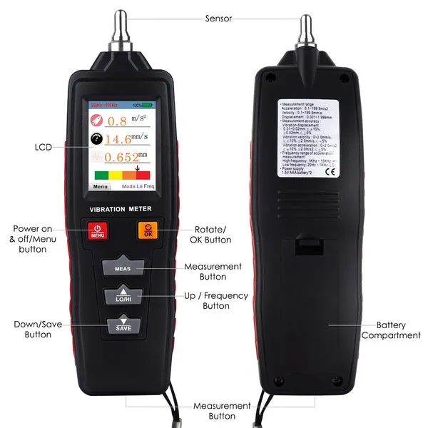 Digital Vibration Meter with Piezoelectric Vibrometer Gauge Colored Display - Image 4