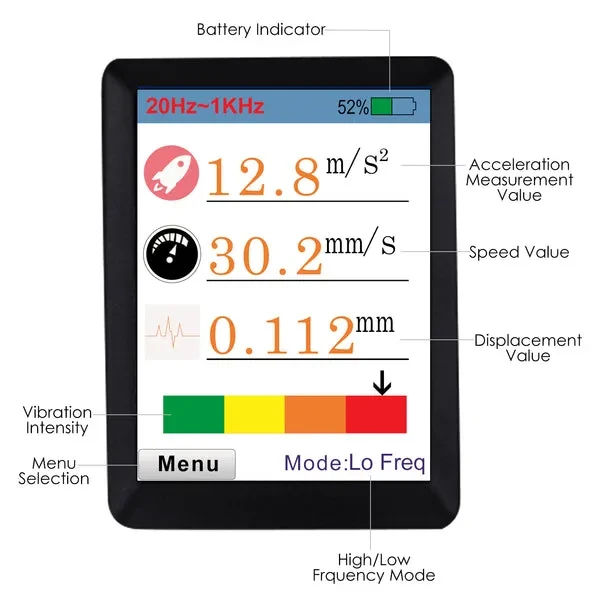 Digital Vibration Meter with Piezoelectric Vibrometer Gauge Colored Display - Image 6