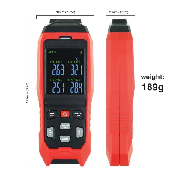 K/J Datalogger Thermocouple Thermometer (-328~2501°F, 4-Channel) - Image 4