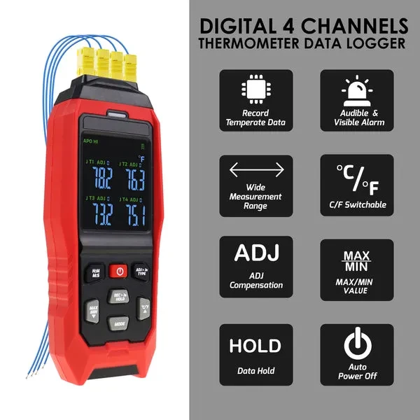 K/J Datalogger Thermocouple Thermometer (-328~2501°F, 4-Channel) - Image 5