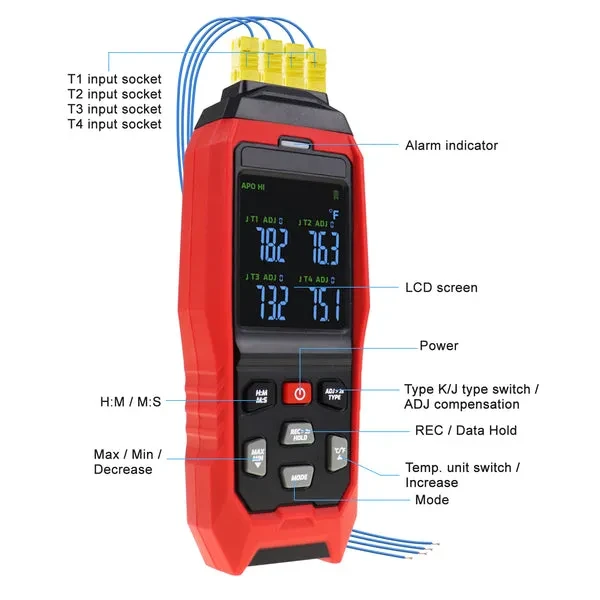 K/J Datalogger Thermocouple Thermometer (-328~2501°F, 4-Channel) - Image 7