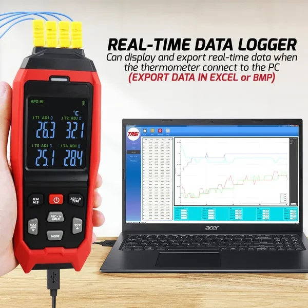 K/J Datalogger Thermocouple Thermometer (-328~2501°F, 4-Channel) - Image 12
