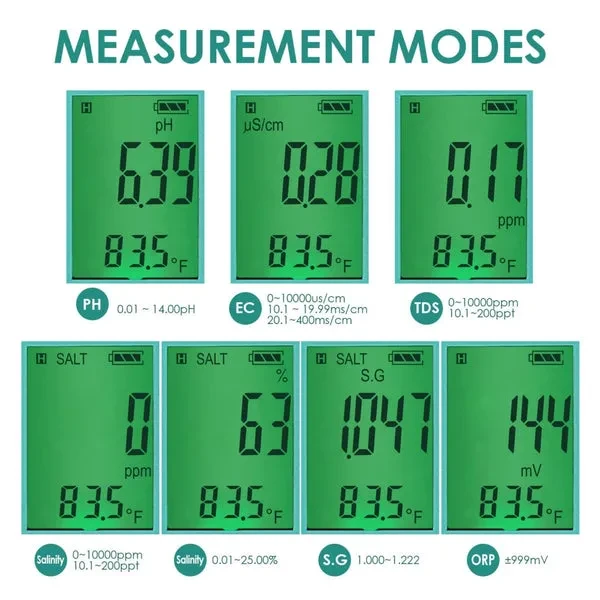 7-in-1 Pen Type Water Quality Tester (pH, TDS, EC, ORP, Salinity, SG, Temp) - Image 4