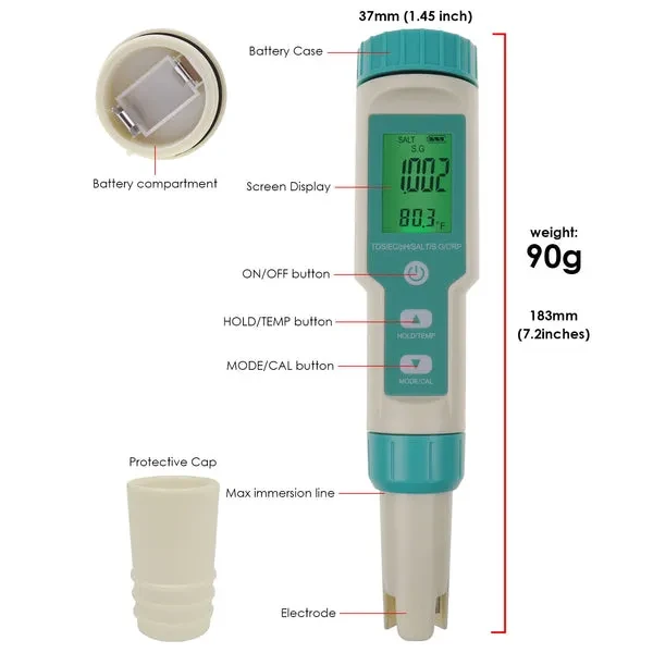 7-in-1 Pen Type Water Quality Tester (pH, TDS, EC, ORP, Salinity, SG, Temp) - Image 5